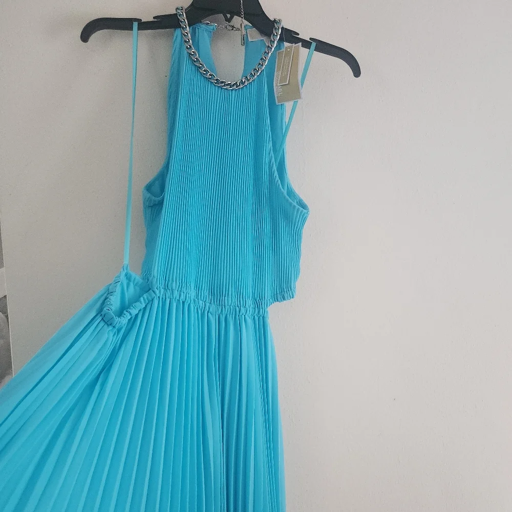 Michael Kors Halter Neck Pleated Cut-out Midi Dress turquoise Sz M & L…